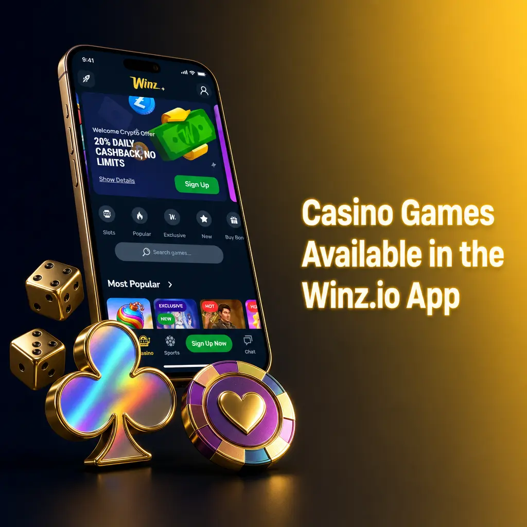 Winz app lobby showing filterable casino categories: slots, live dealer tables, RNG games, crash titles, and jackpots.