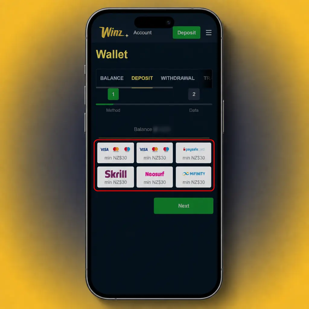 Step-by-step deposit guide screenshot showing Winz cashier options for New Zealand users, including cards, e-wallets and crypto.