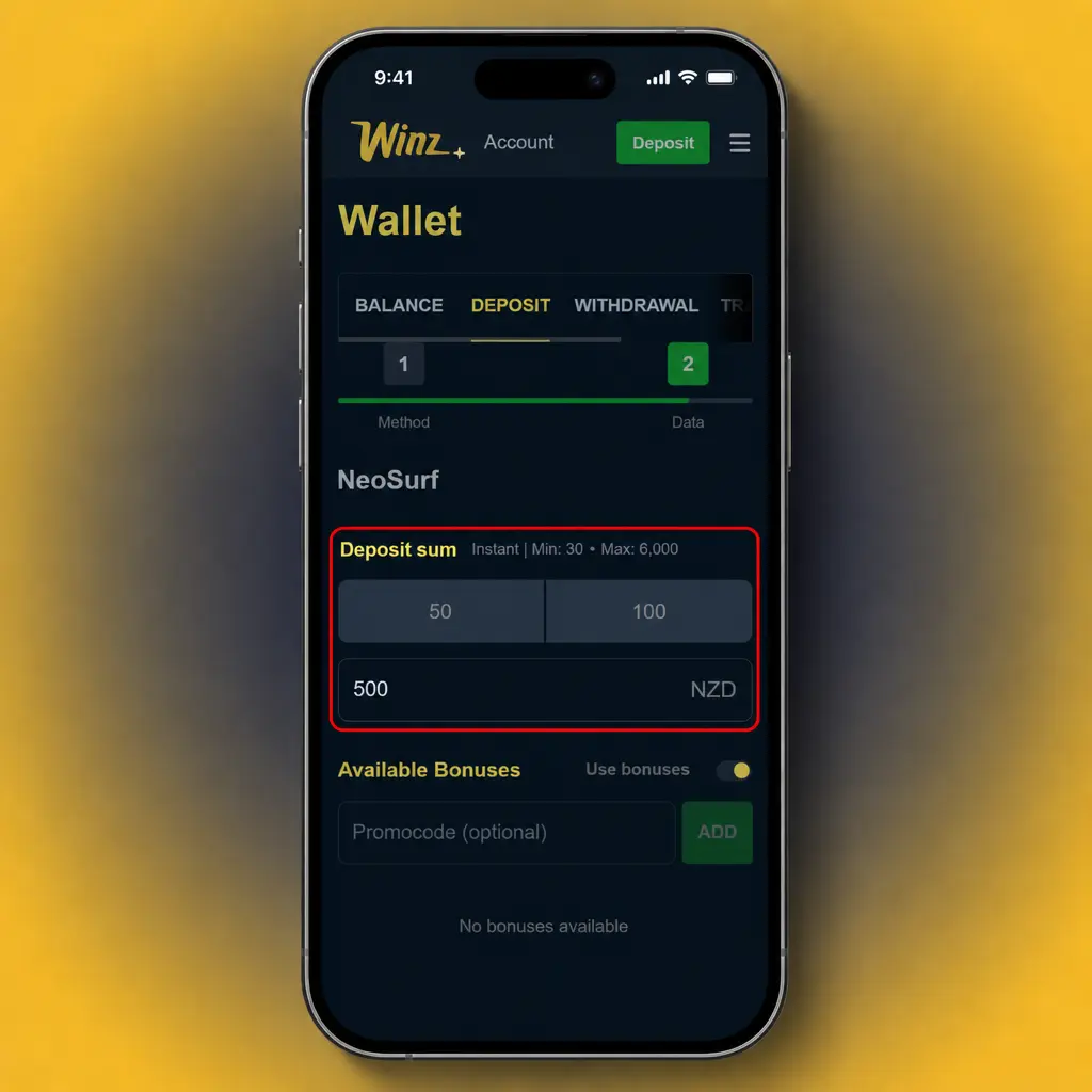 Step-by-step Winz deposit guide for New Zealand users showing account setup and payment method selection