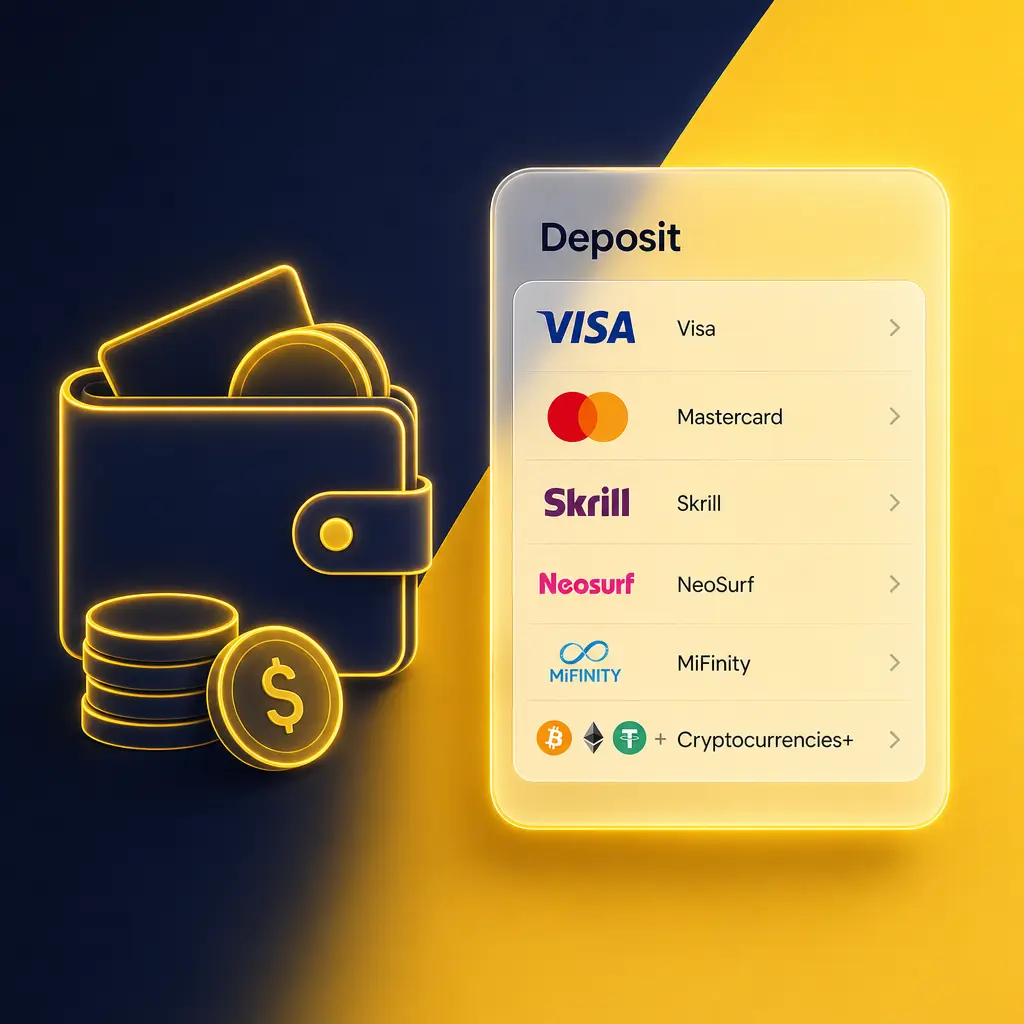 Deposit methods at Winz NZ, including Visa, Mastercard, Skrill, Neosurf, and cryptocurrencies for casino and sportsbook funding.