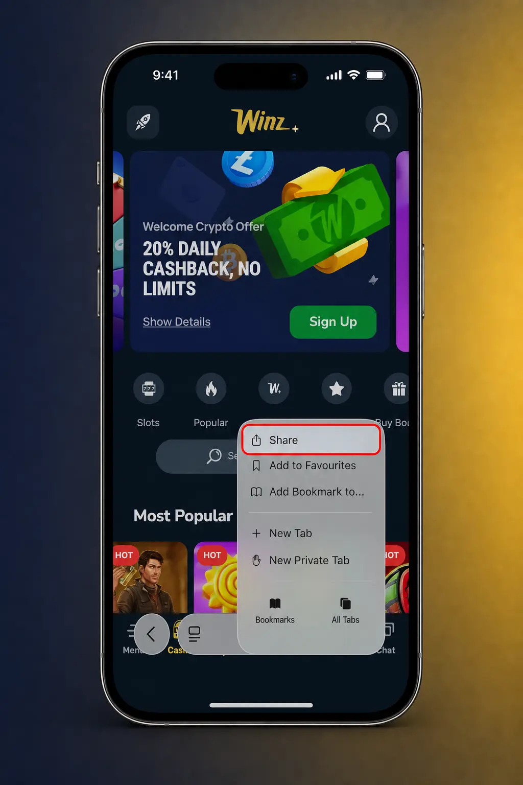 Step-by-step guide to installing the Winz Progressive Web App on iPhone via Safari's Add to Home Screen feature.