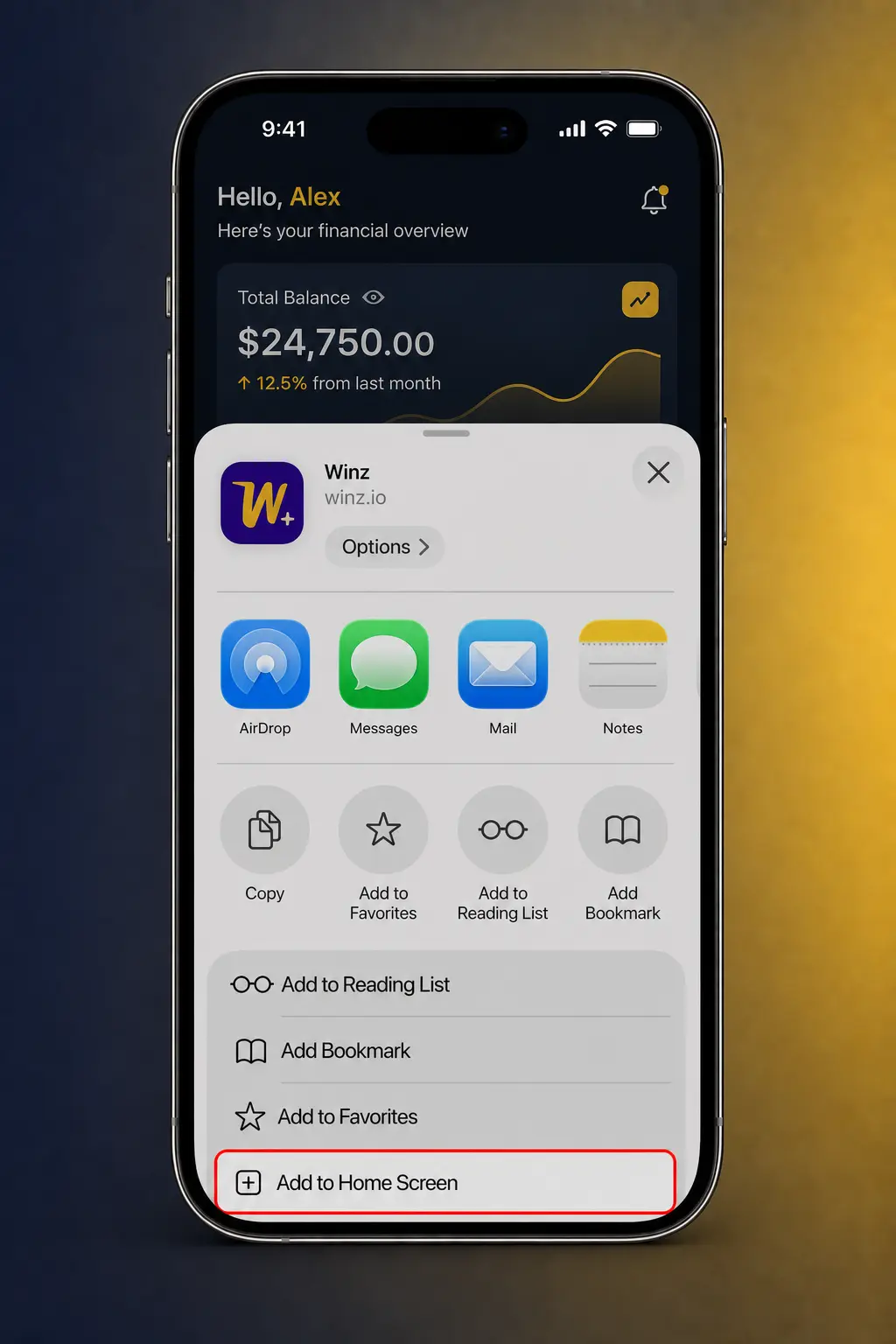 Steps to install the Winz Progressive Web App on iPhone via Safari's Add to Home Screen feature