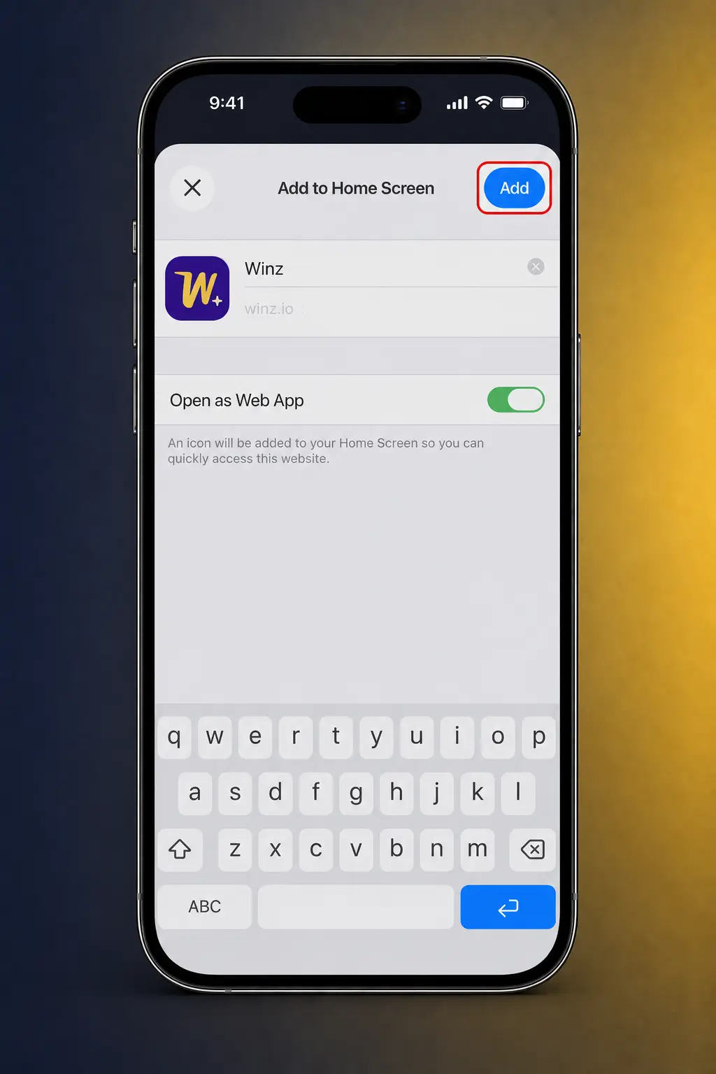 Step-by-step guide to install the Winz Progressive Web App on iPhone via Safari's Add to Home Screen feature.