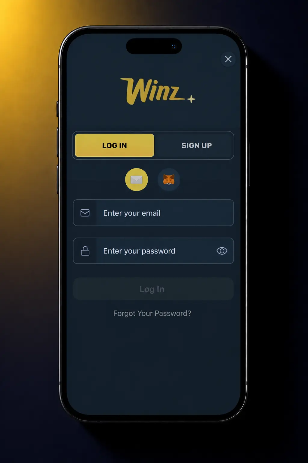 Step-by-step guide to logging into Winz via mobile browser app, showing icon access and dashboard login screen.