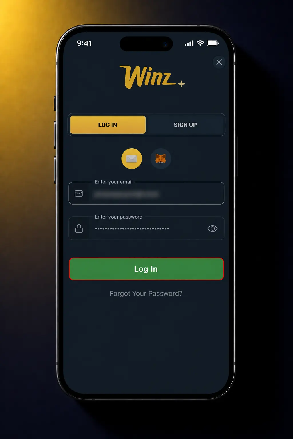 Login screen for Winz mobile app showing email, password, and Google sign-in options on a smartphone display.