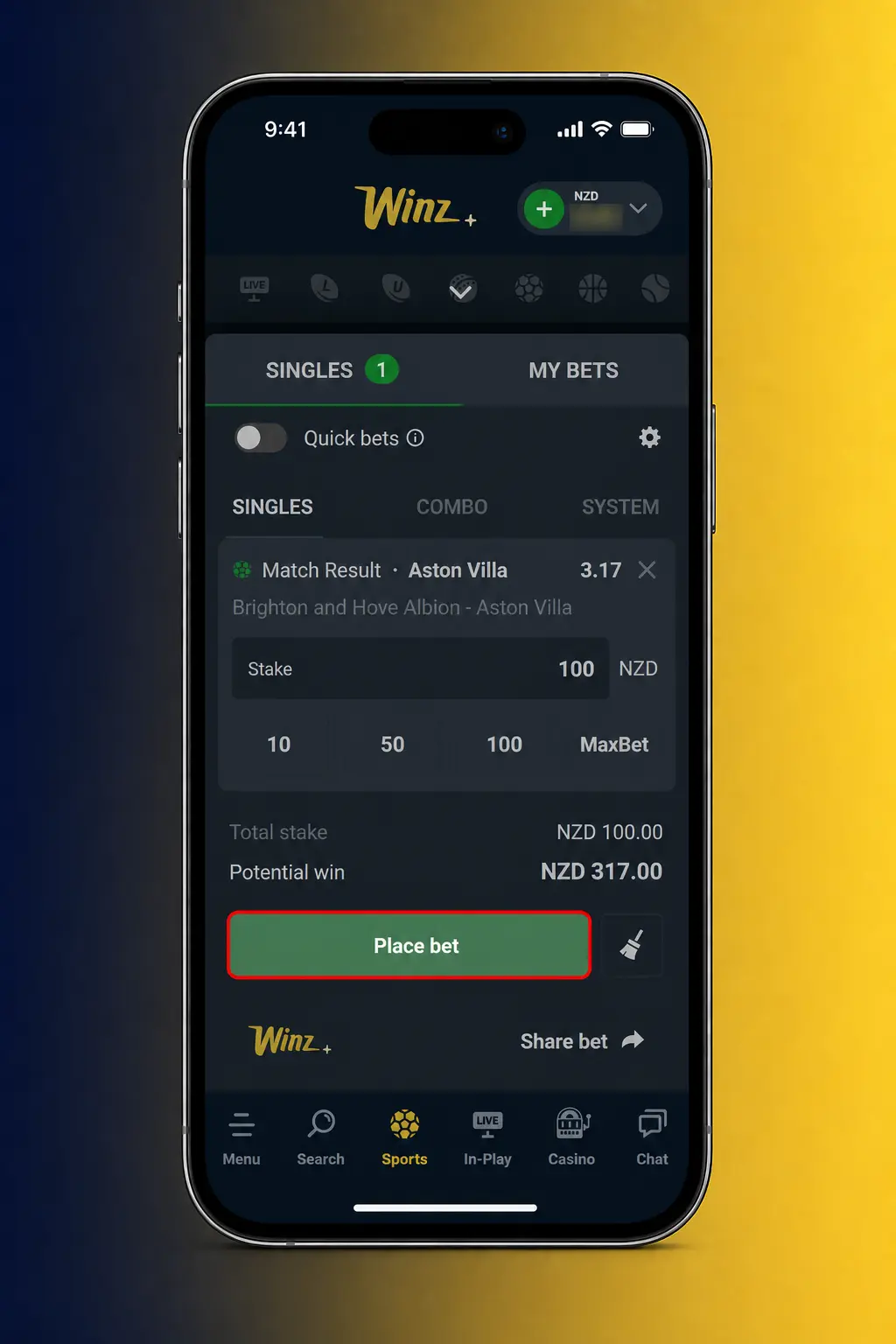 Step-by-step guide showing how to place a first bet on Winz, from account login to confirming the bet slip.