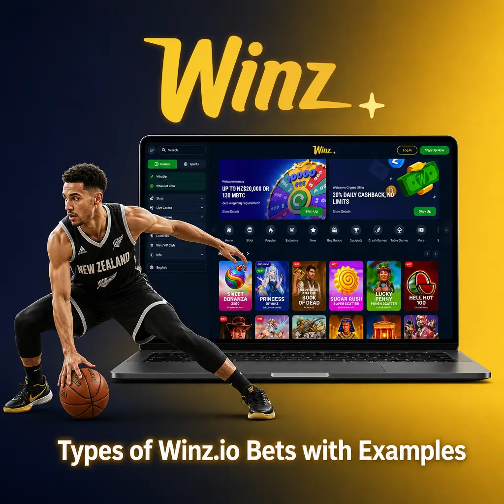 Overview of Winz sportsbook bet types—Single, Accumulator, System, and Bet Builder—with NZD wager examples.