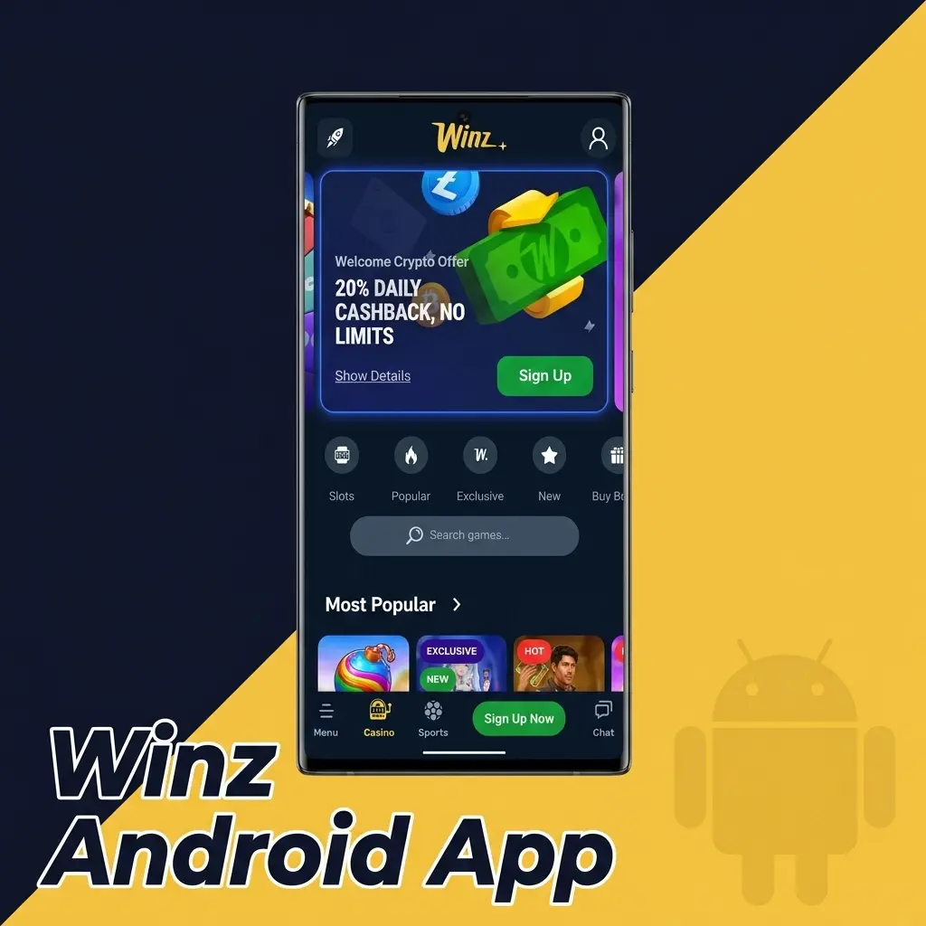 Winz Android app APK install screen showing download and setup steps for Android 6.0+ devices