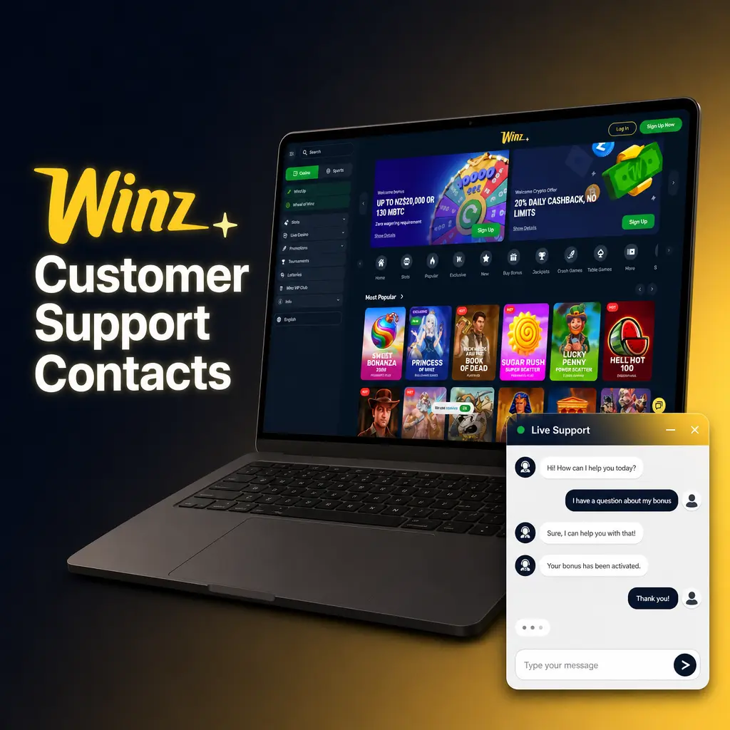 Winz customer support contact options including live chat, email, help centre, and Telegram community channel