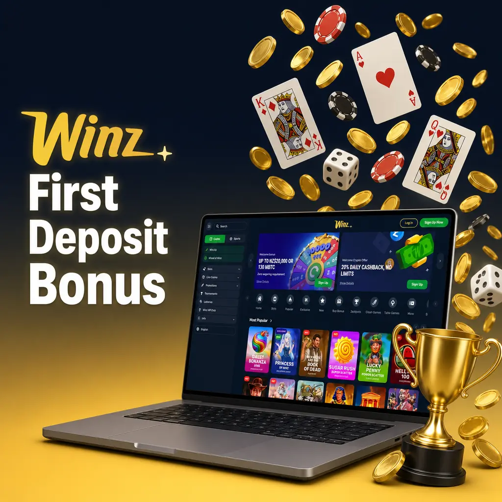 Winz first deposit bonus: 100% match up to NZD 100, zero wagering, plus Wheel of Winz spin for prizes up to NZD 20,000