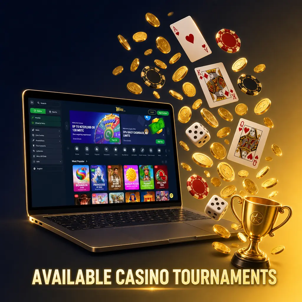 Winz casino tournaments page showing slot races, leaderboard competitions, and seasonal prize pool challenges