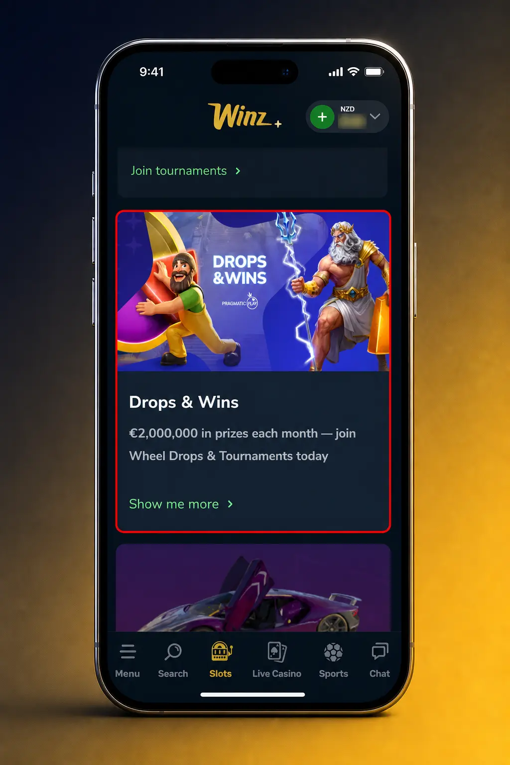 Step-by-step guide showing how to log in, select, and play slot games on the Winz platform.