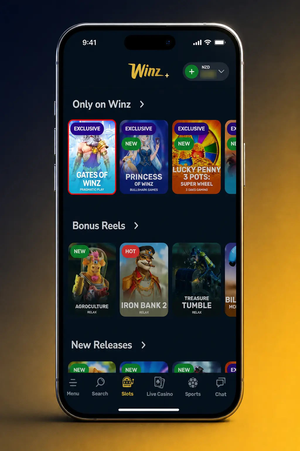 Step-by-step guide showing how to log in, select, and play slot games on the Winz online casino platform.