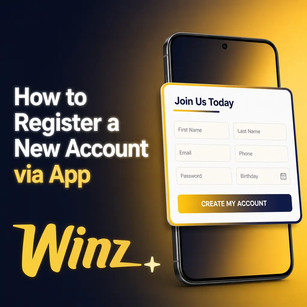 Step-by-step guide showing how to register a new Winz account via the mobile app