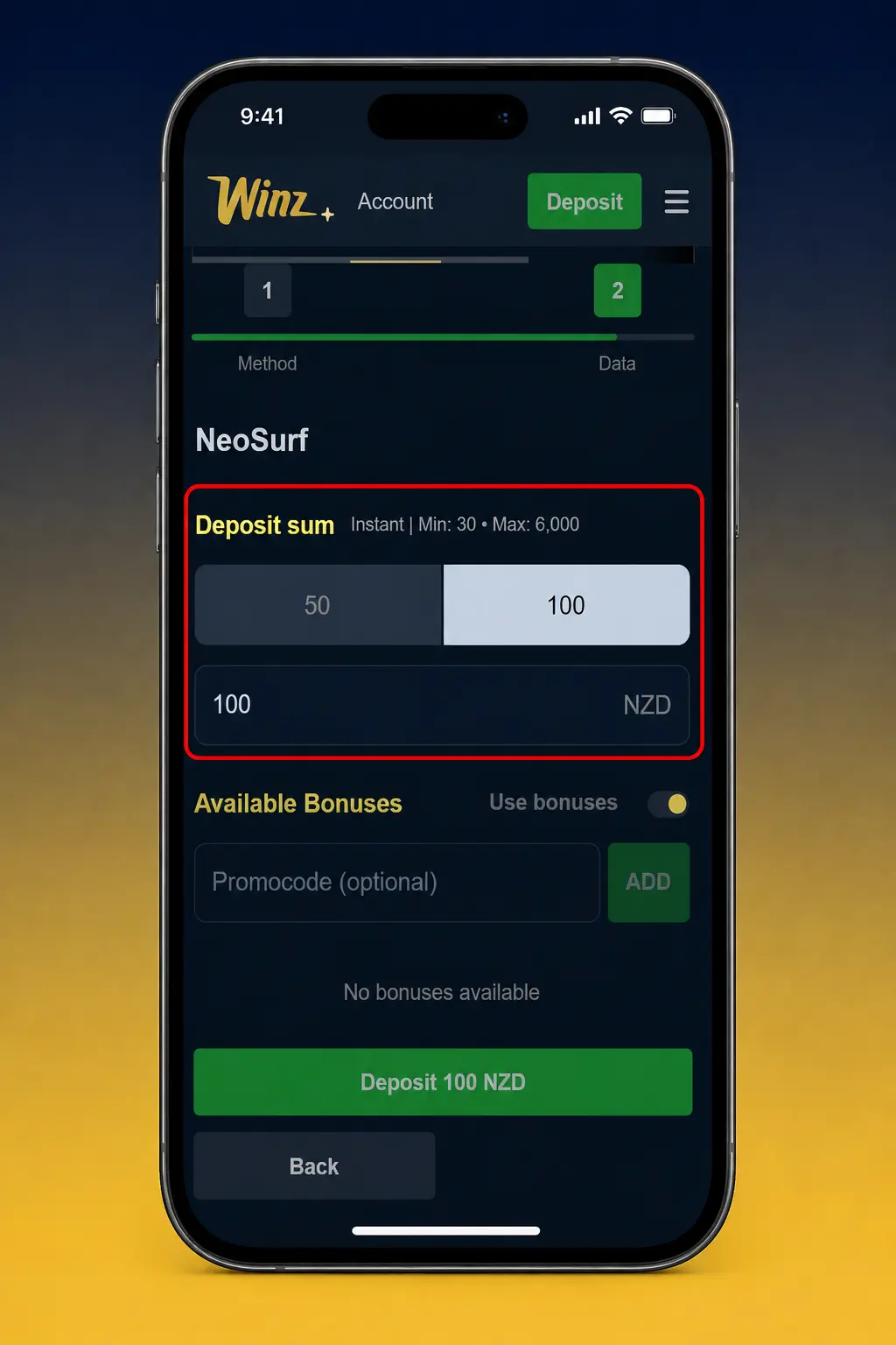 Steps to claim the Winz bonus in New Zealand: register, deposit crypto, enter promo code, and receive match bonus and spin