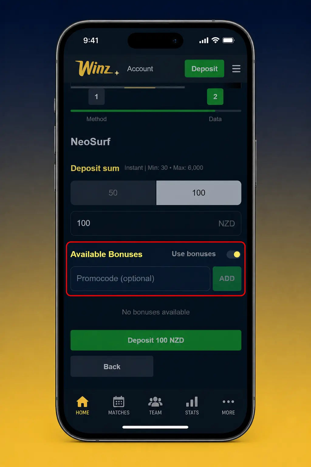 Step-by-step guide to claiming the Winz bonus in New Zealand: register, deposit, enter promo code, and receive match bonus