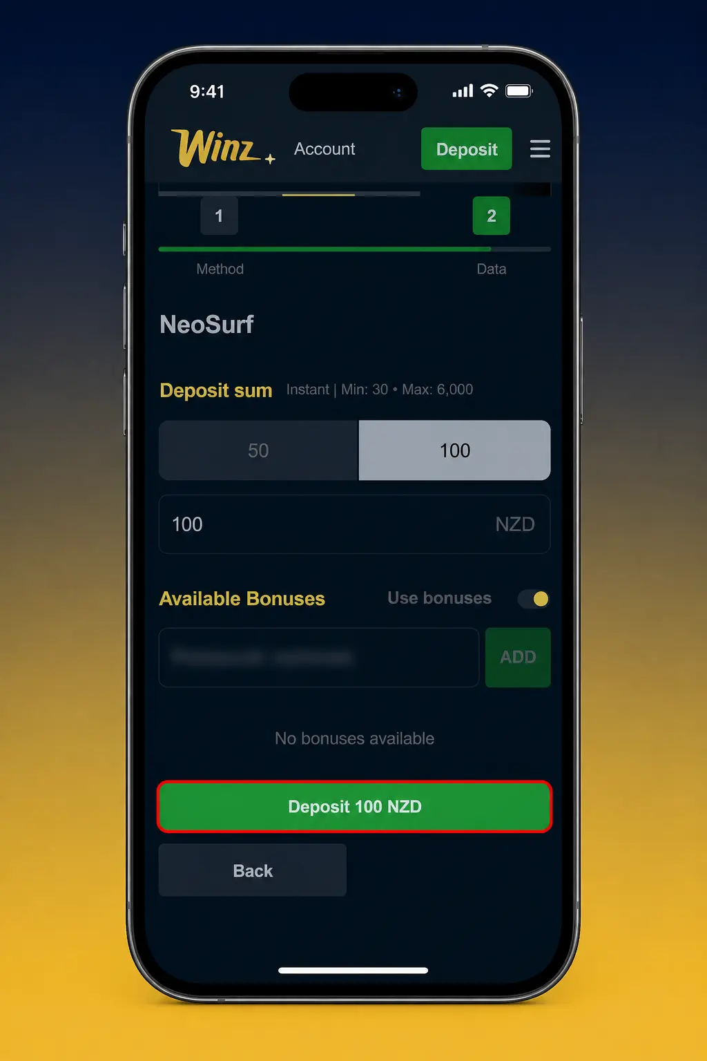 Steps to claim the Winz welcome bonus in New Zealand: register, deposit crypto, enter promo code, and receive match bonus.