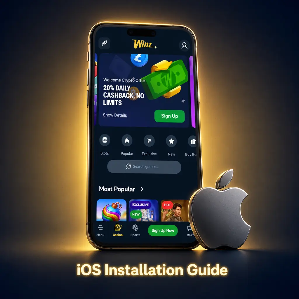 Step-by-step iOS guide: open Winz in Safari, tap Share, then Add to Home Screen for quick app access.
