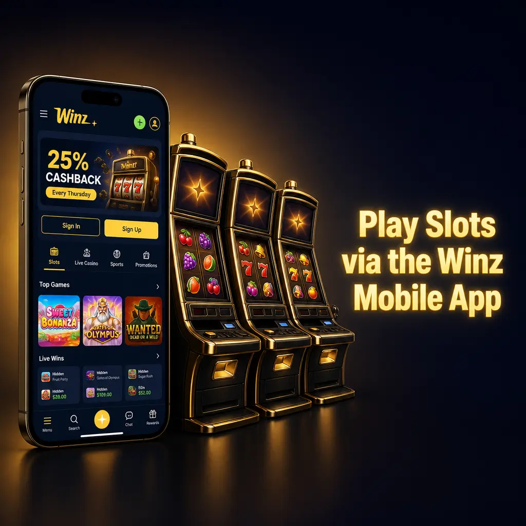 Winz mobile app slot lobby showing touch-friendly controls for browsing and playing slots on a phone browser.