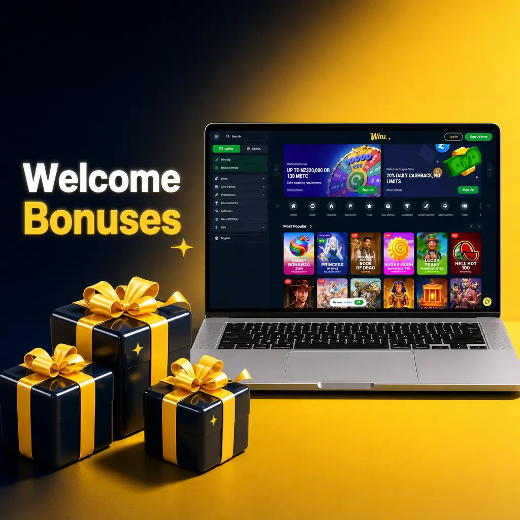 Winz welcome bonuses: 100% match up to NZD 100 with zero rollover, plus a Wheel of Winz spin worth up to NZD 20,000.