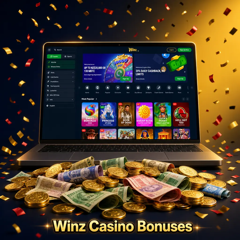 Winz Casino bonuses: daily reload match, weekly slot cashback, Wednesday free spins, and slot race tournament prizes.