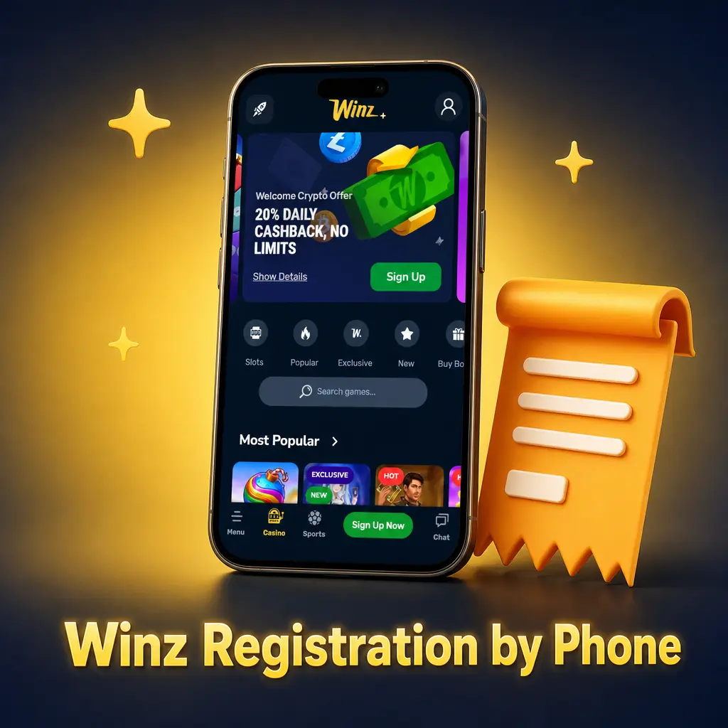 Winz registration by phone: enter mobile number, verify with SMS code, choose currency, and complete sign-up.
