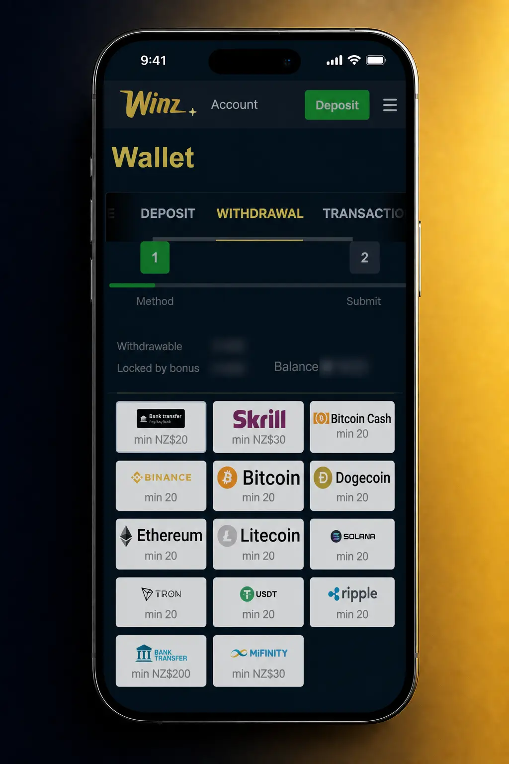 Step-by-step guide showing how to withdraw money from your Winz account using Bitcoin, Visa, or Skrill.